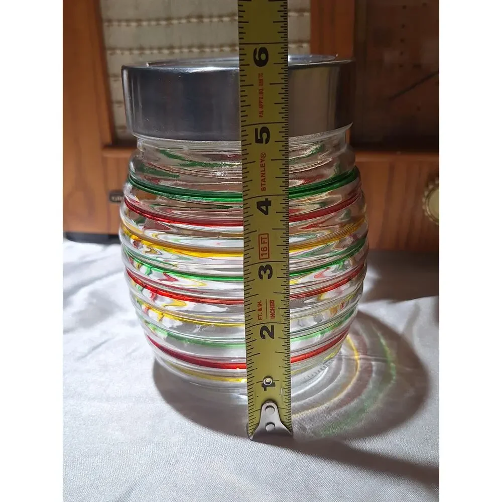 Vintage Ribbed Glass Canister Jar Multicolor Stripes Metal Screw Lid Kitchen